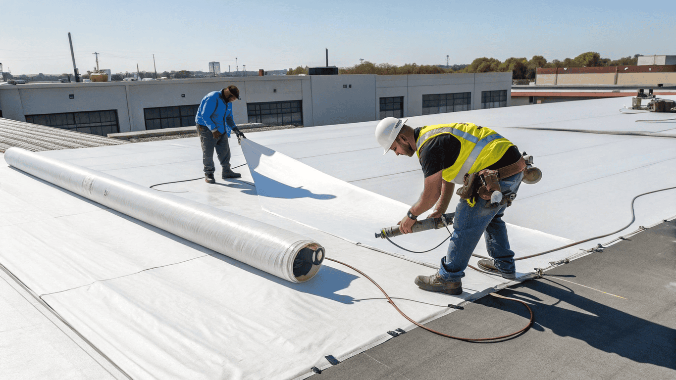 PVC waterproofing membrane installation on a roof